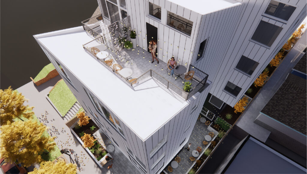 Merz Apartments aerial rendering of the building and rooftop terrace