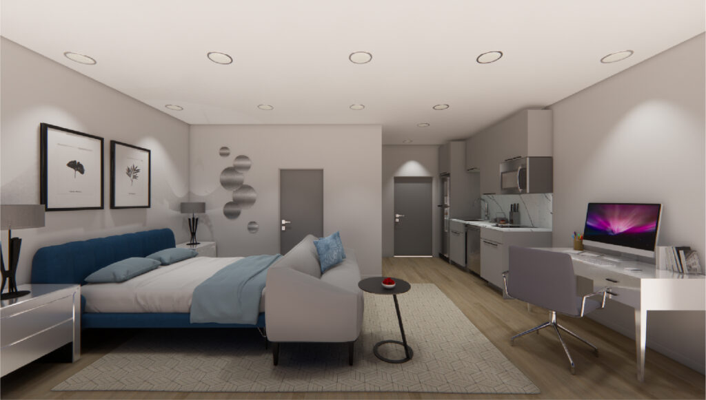 Merz Apartments interior view featuring bedroom and kitchenette