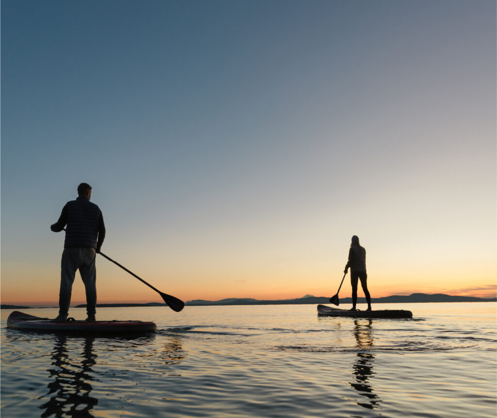 silhouettes of two people paddle boarding at dusk