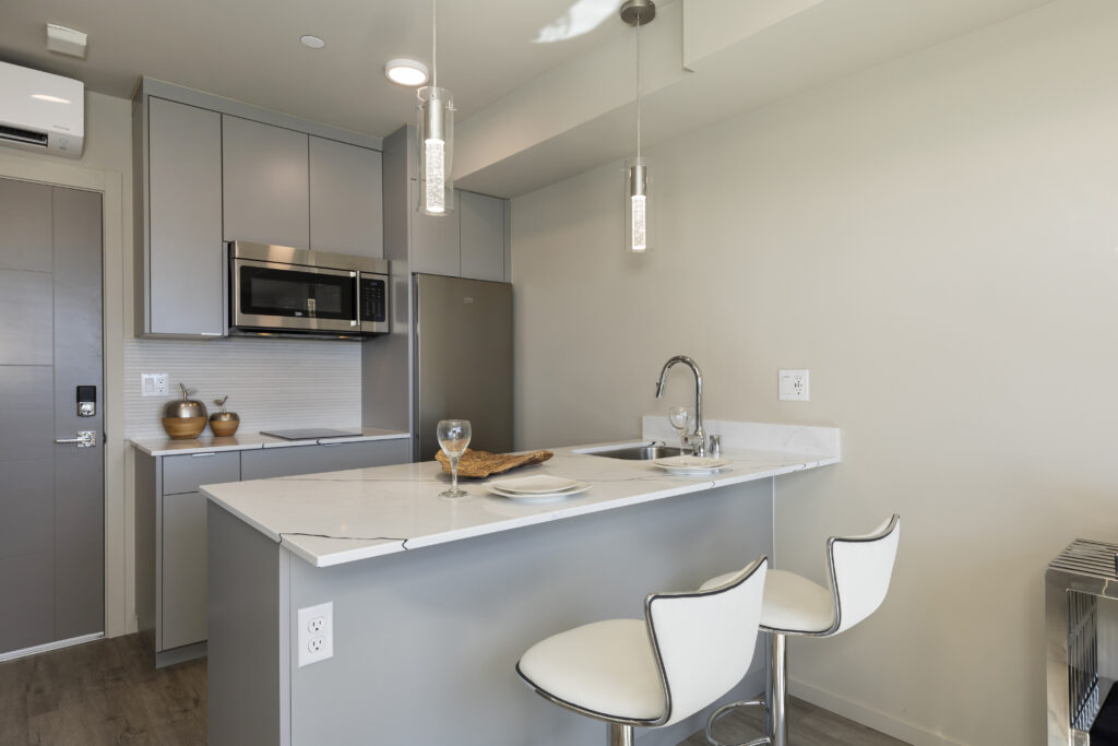 Merz Apartments studio interior view featuring bedroom, living and kitchenette